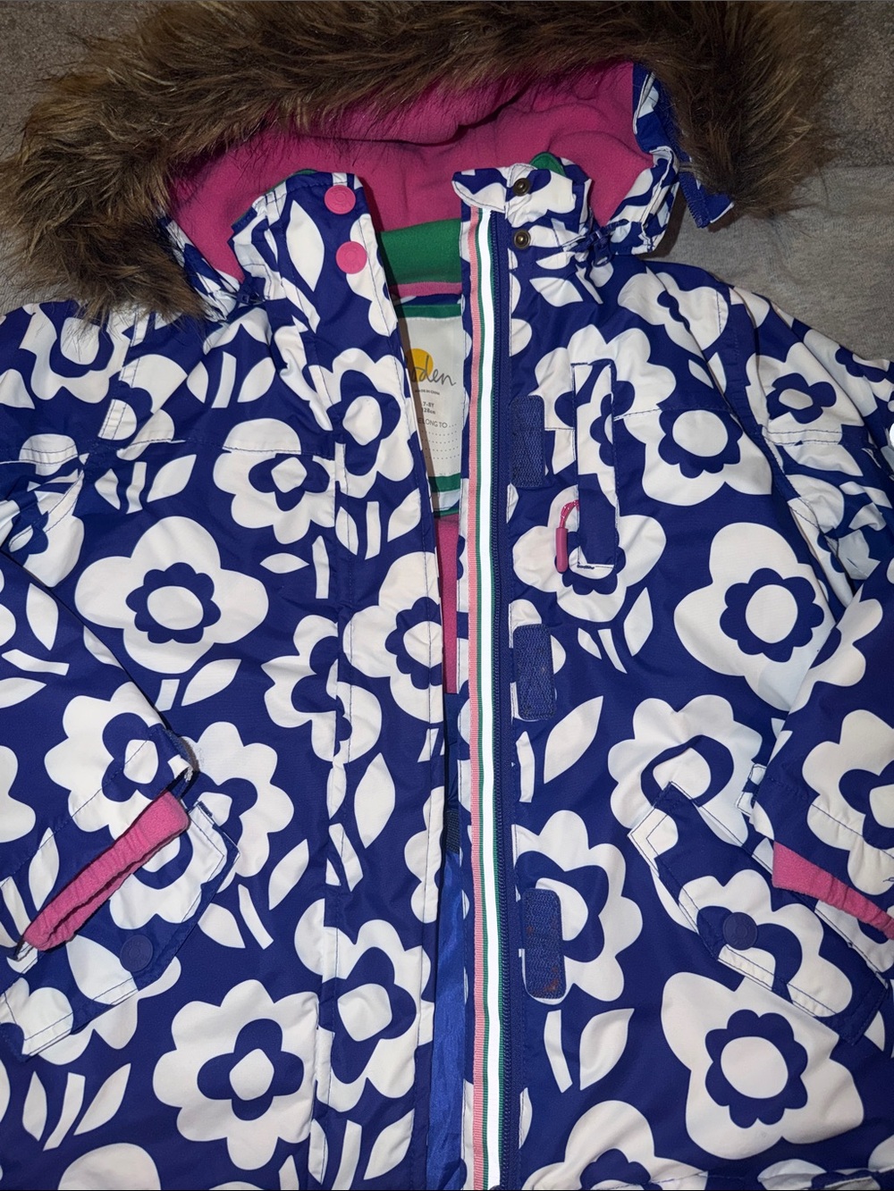 Boden Girls Winter Coat - Blue & Pink Floral Design